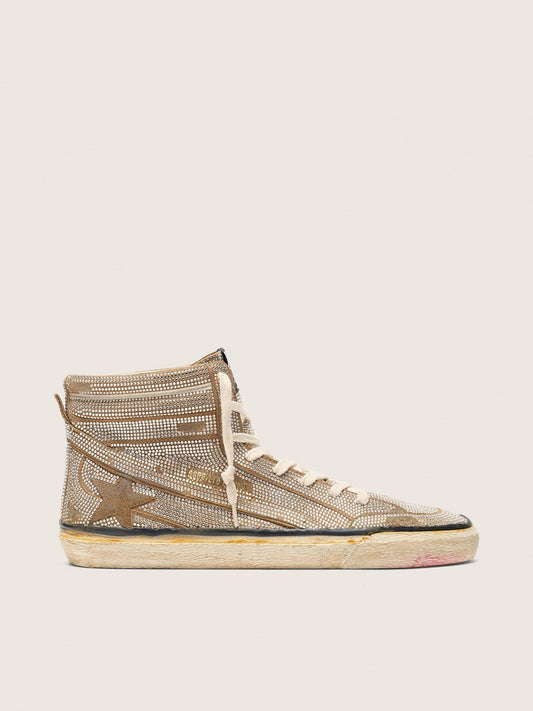 Men's Slide LAB sneakers in tobacco-colored suede with crystals and tobacco-colored suede star - Golden Goose Men