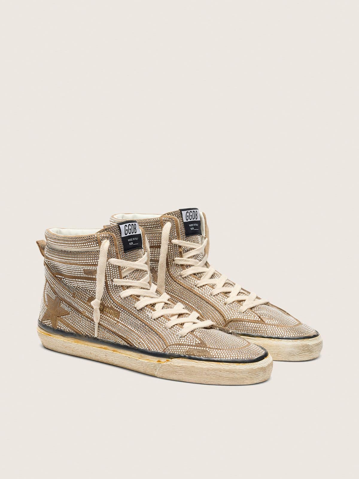Men's Slide LAB sneakers in tobacco-colored suede with crystals and tobacco-colored suede star - Golden Goose Men