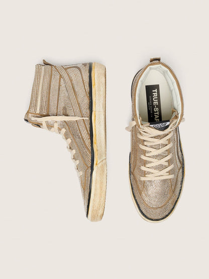 Men's Slide LAB sneakers in tobacco-colored suede with crystals and tobacco-colored suede star - Golden Goose Men