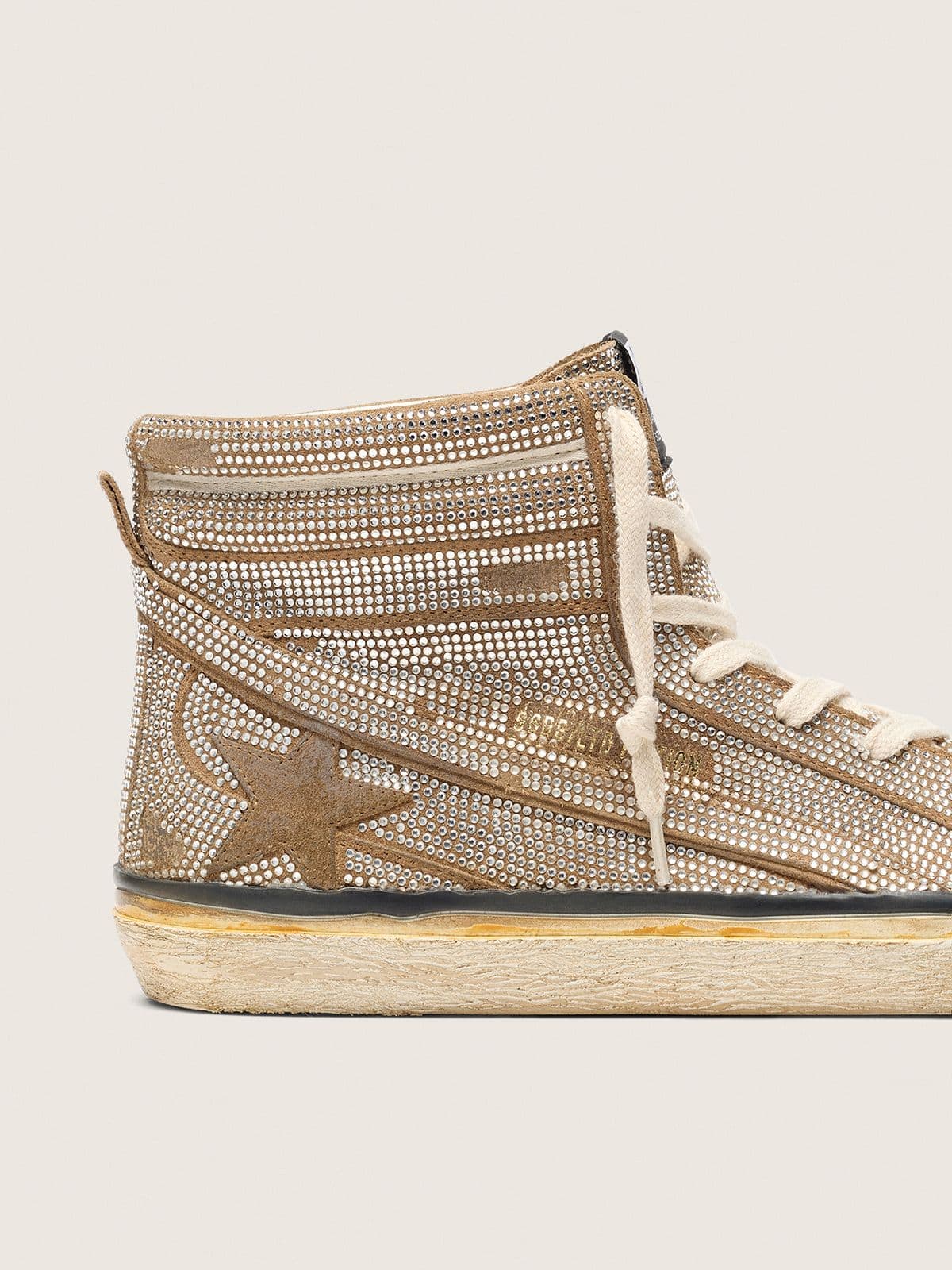 Men's Slide LAB sneakers in tobacco-colored suede with crystals and tobacco-colored suede star - Golden Goose Men