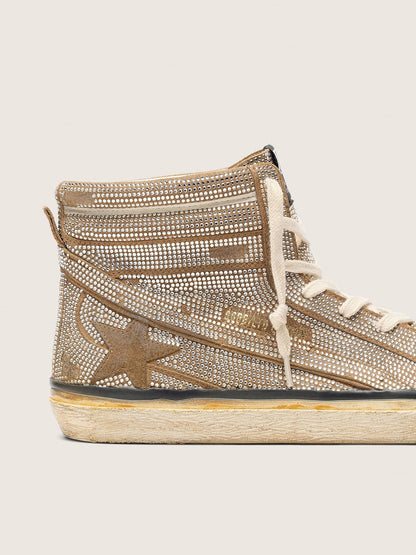 Men's Slide LAB sneakers in tobacco-colored suede with crystals and tobacco-colored suede star - Golden Goose Men