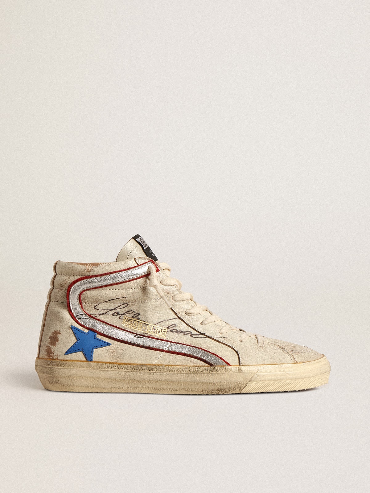 Men’s Slide with light blue leather star and metallic silver leather flash - Golden Goose Men