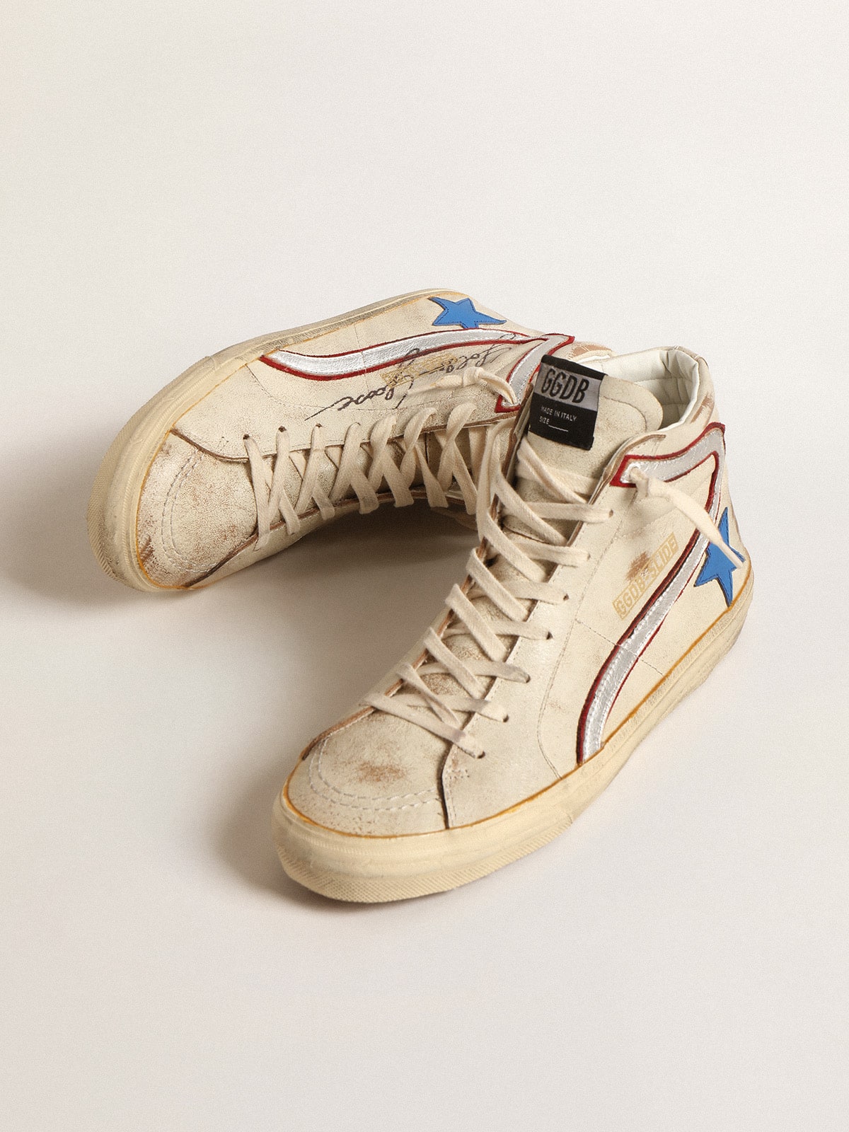 Men’s Slide with light blue leather star and metallic silver leather flash - Golden Goose Men