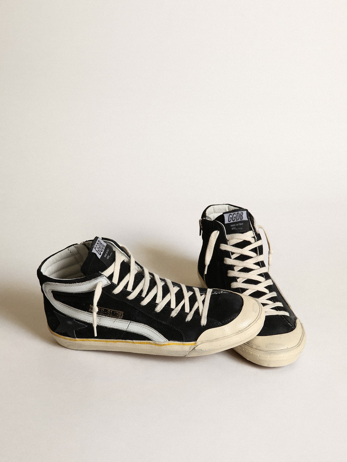 Men's Slide Penstar in black suede with black star and white flash - Golden Goose Men