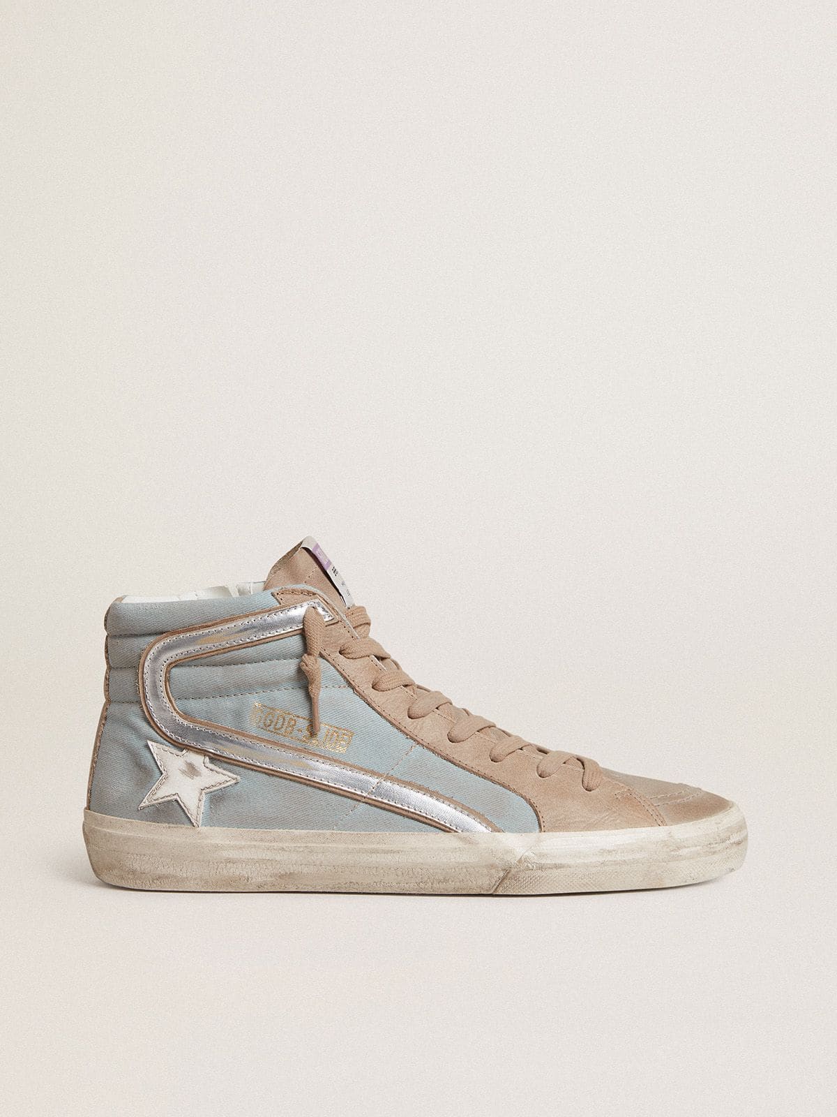 Men's Slide in light blue canvas with silver metallic leather flash - Golden Goose Men