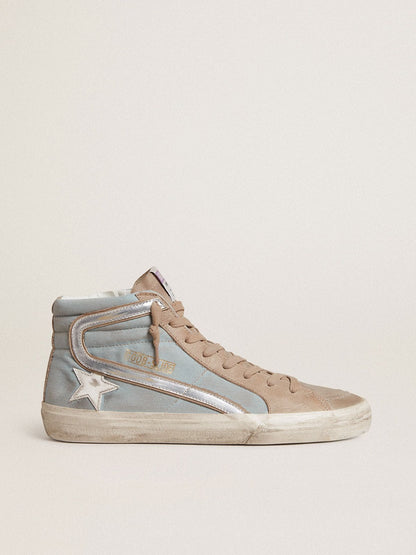 Men's Slide in light blue canvas with silver metallic leather flash - Golden Goose Men