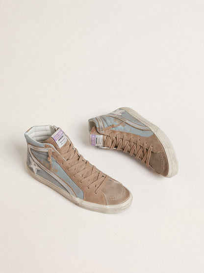 Men's Slide in light blue canvas with silver metallic leather flash - Golden Goose Men