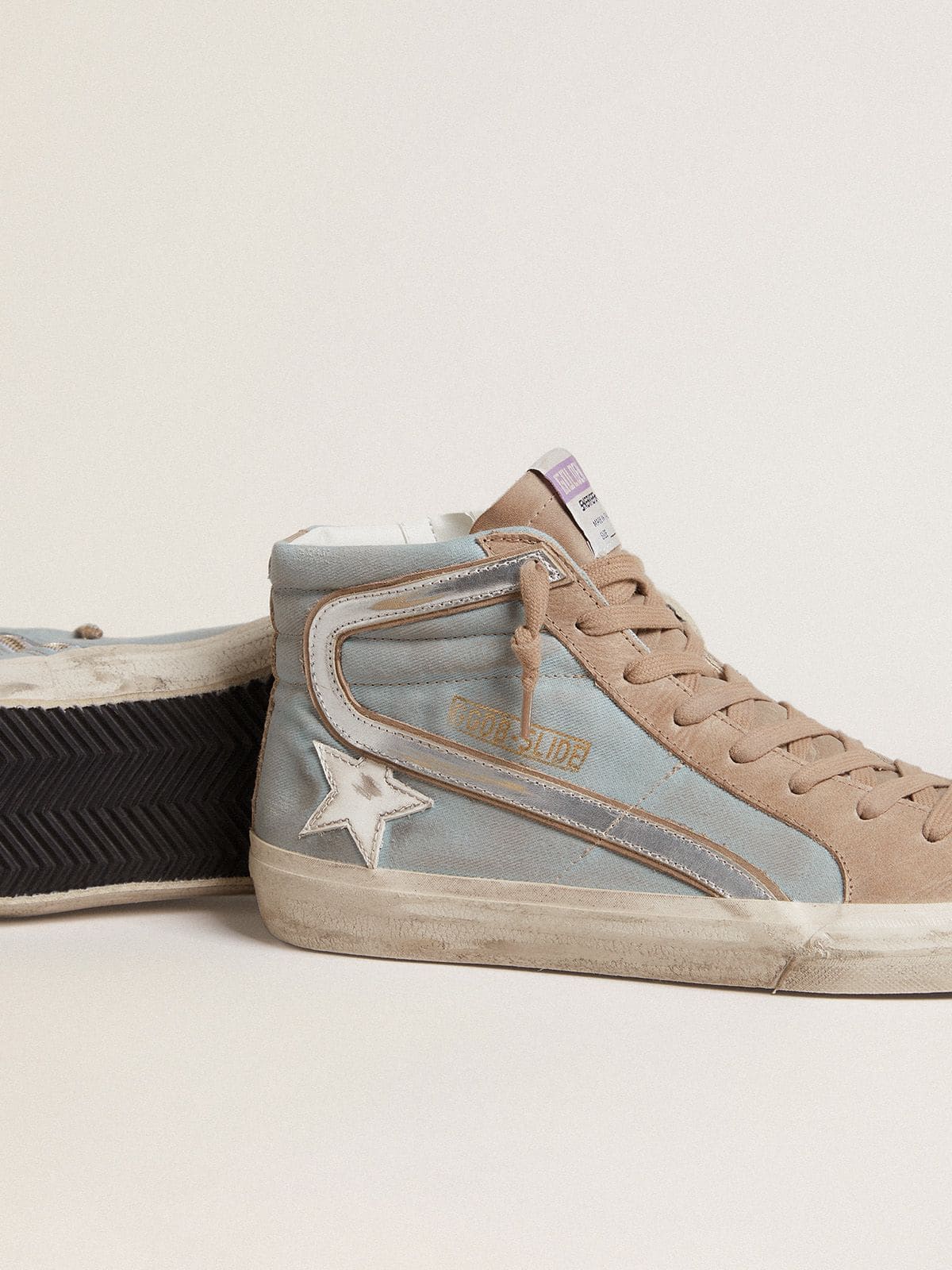 Men's Slide in light blue canvas with silver metallic leather flash - Golden Goose Men