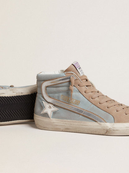 Men's Slide in light blue canvas with silver metallic leather flash - Golden Goose Men