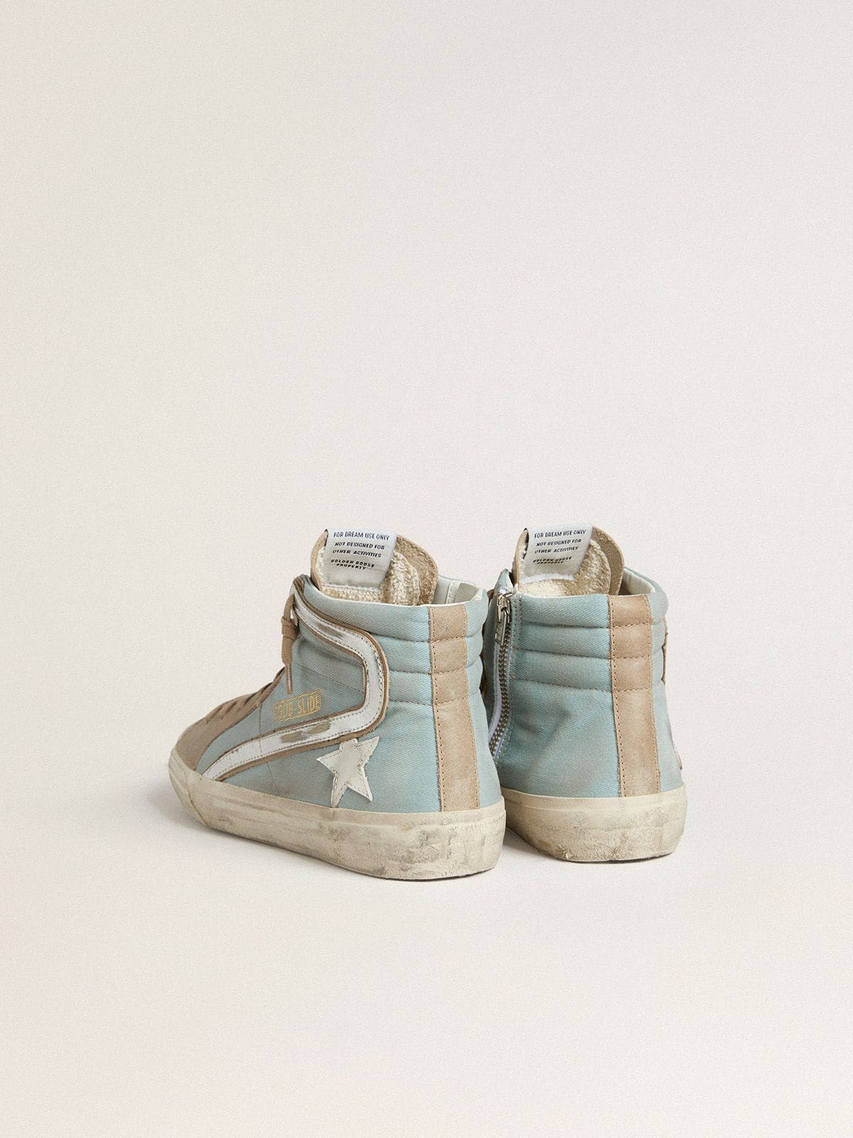 Men's Slide in light blue canvas with silver metallic leather flash - Golden Goose Men