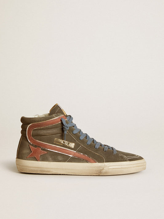 Men's Slide in gray suede with brown nubuck star and flash - Golden Goose Men