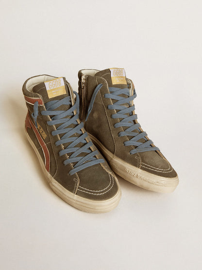 Men's Slide in gray suede with brown nubuck star and flash - Golden Goose Men