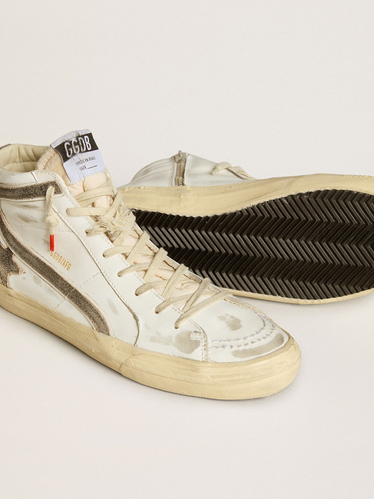 Men’s Slide LAB in white leather with star and flash in brown suede - Golden Goose Men