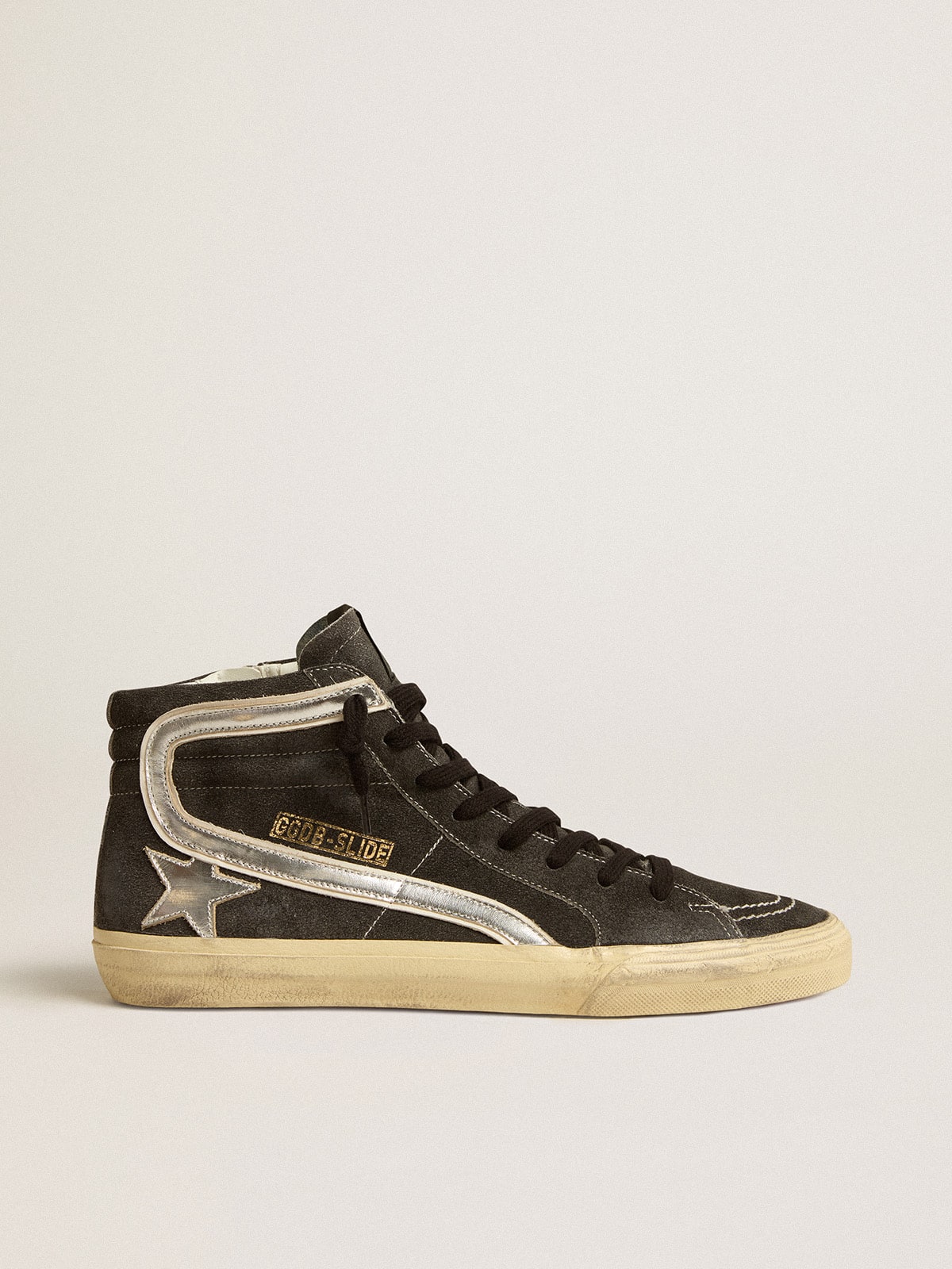 Slide in black suede with silver metallic leather star and flash - Golden Goose Men