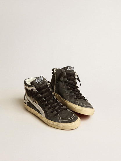Slide in black suede with silver metallic leather star and flash - Golden Goose Men
