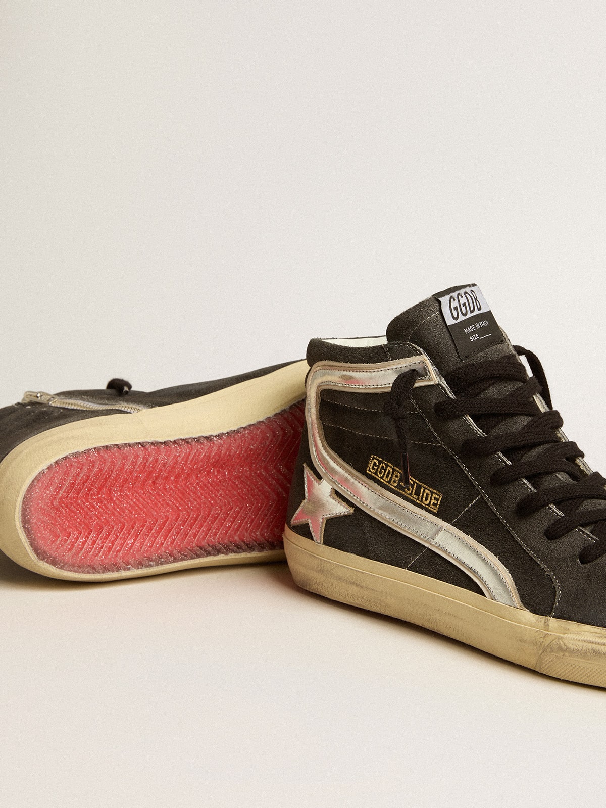 Slide in black suede with silver metallic leather star and flash - Golden Goose Men