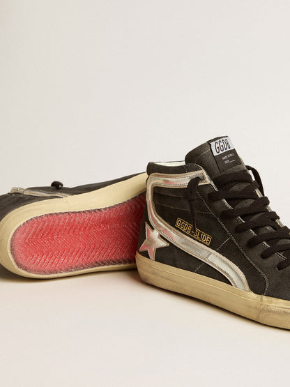 Slide in black suede with silver metallic leather star and flash - Golden Goose Men