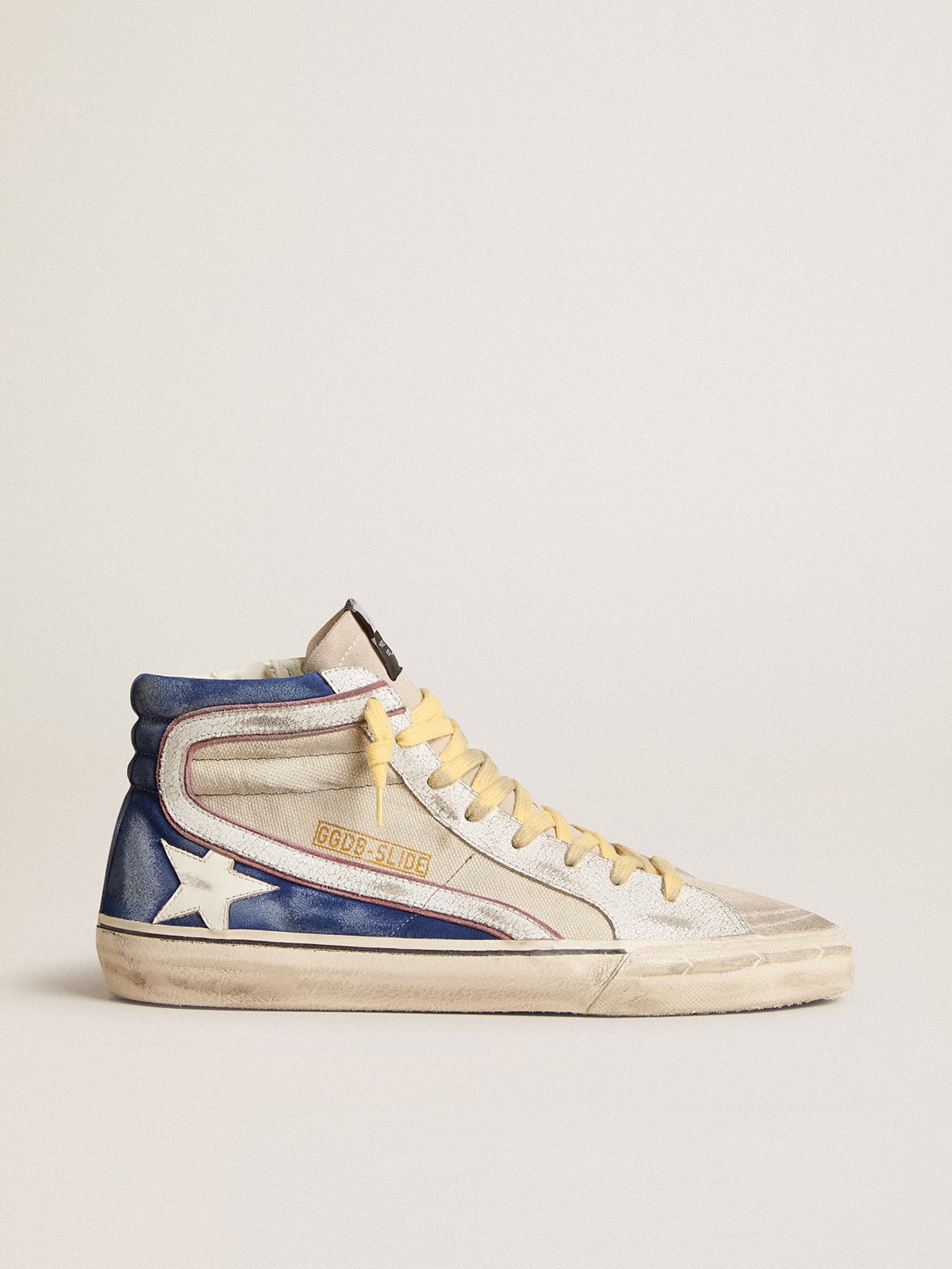 Slide in pearl canvas and blue suede with white leather star and flash - Golden Goose Men