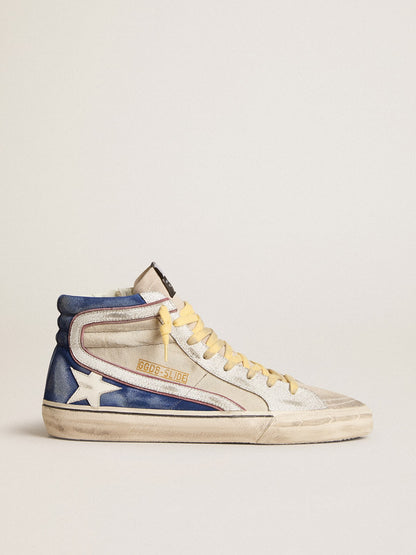 Slide in pearl canvas and blue suede with white leather star and flash - Golden Goose Men