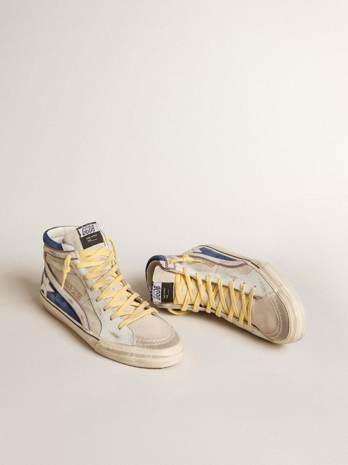 Slide in pearl canvas and blue suede with white leather star and flash - Golden Goose Men