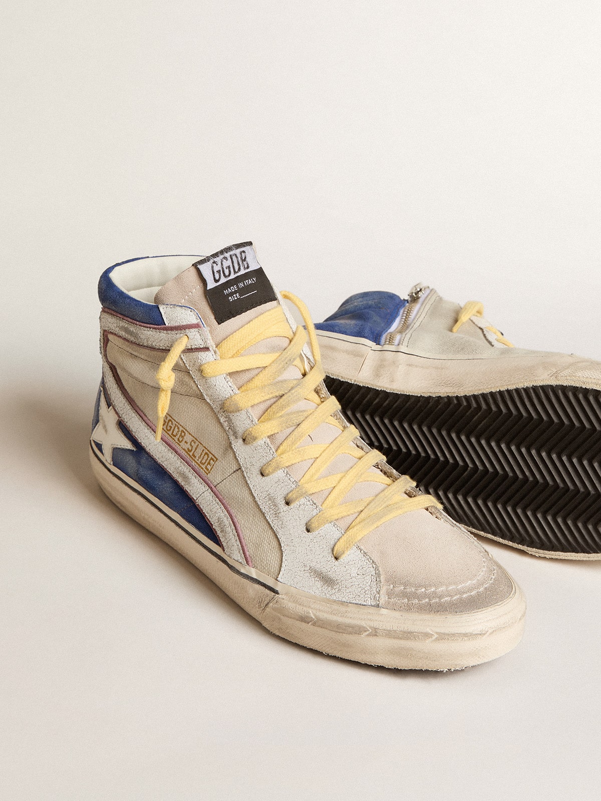Slide in pearl canvas and blue suede with white leather star and flash - Golden Goose Men