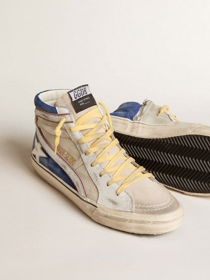 Slide in pearl canvas and blue suede with white leather star and flash - Golden Goose Men