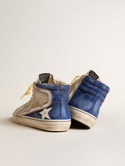 Slide in pearl canvas and blue suede with white leather star and flash - Golden Goose Men