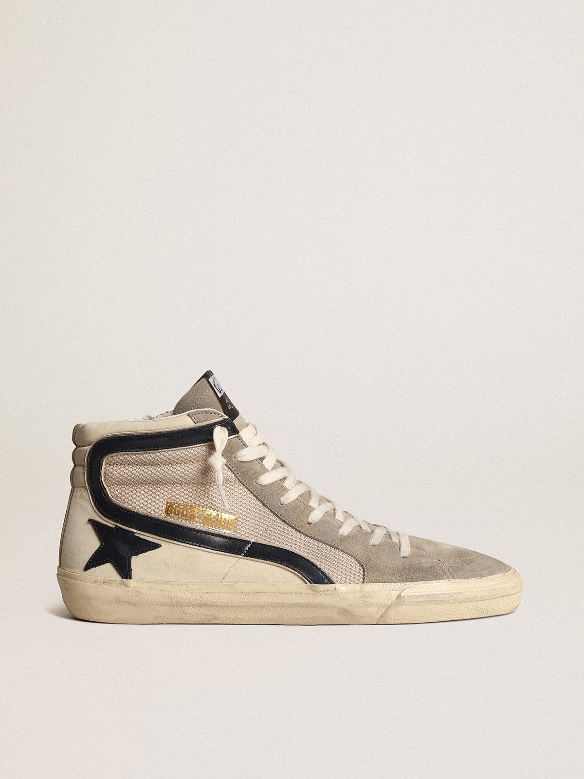 Slide in beige mesh and nylon with blue leather star and flash - Golden Goose Men