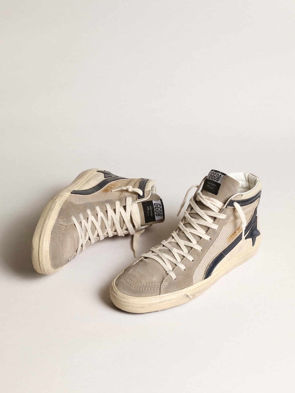 Slide in beige mesh and nylon with blue leather star and flash - Golden Goose Men
