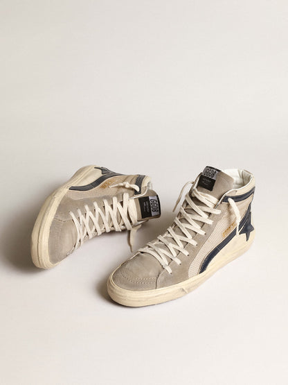 Slide in beige mesh and nylon with blue leather star and flash - Golden Goose Men