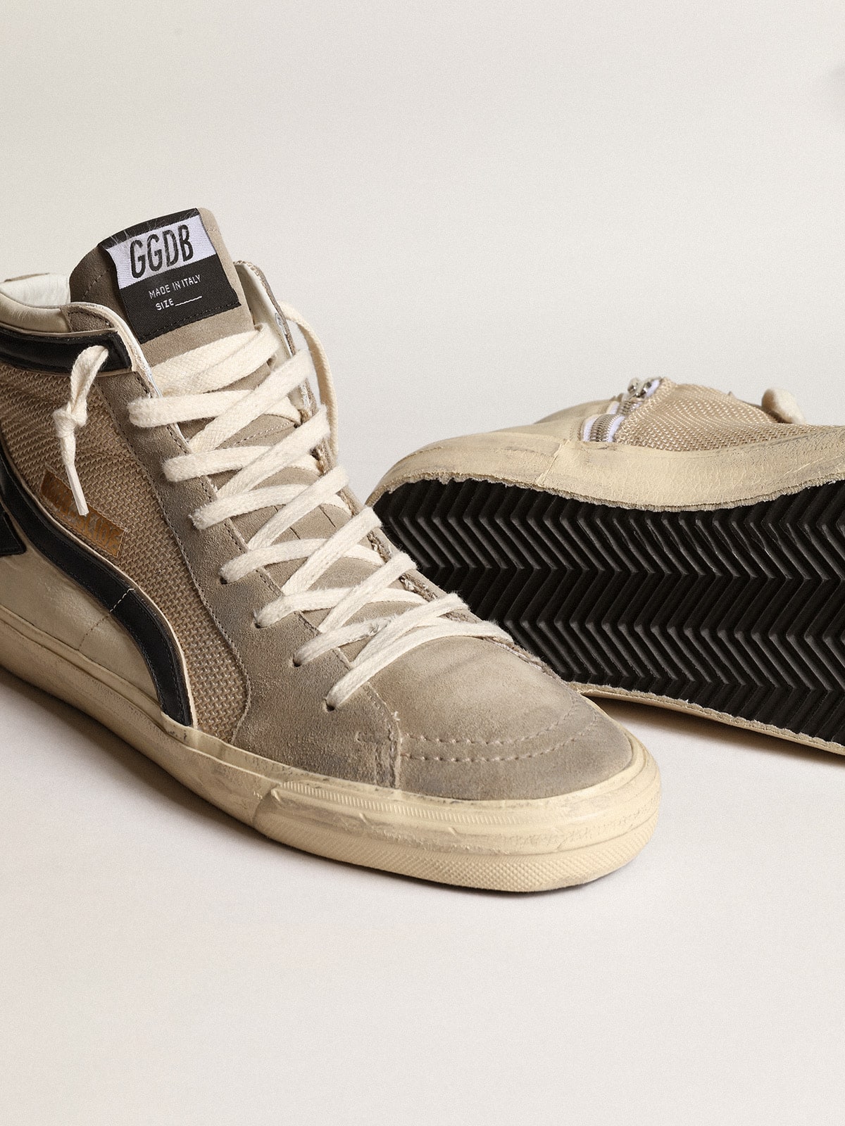Slide in beige mesh and nylon with blue leather star and flash - Golden Goose Men