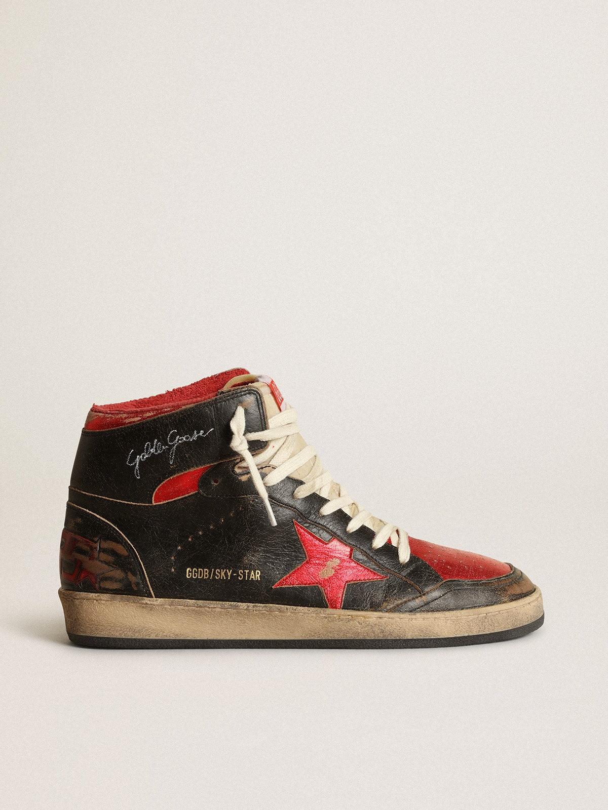 Men's Sky-Star in glossy black leather with red star - Golden Goose Men