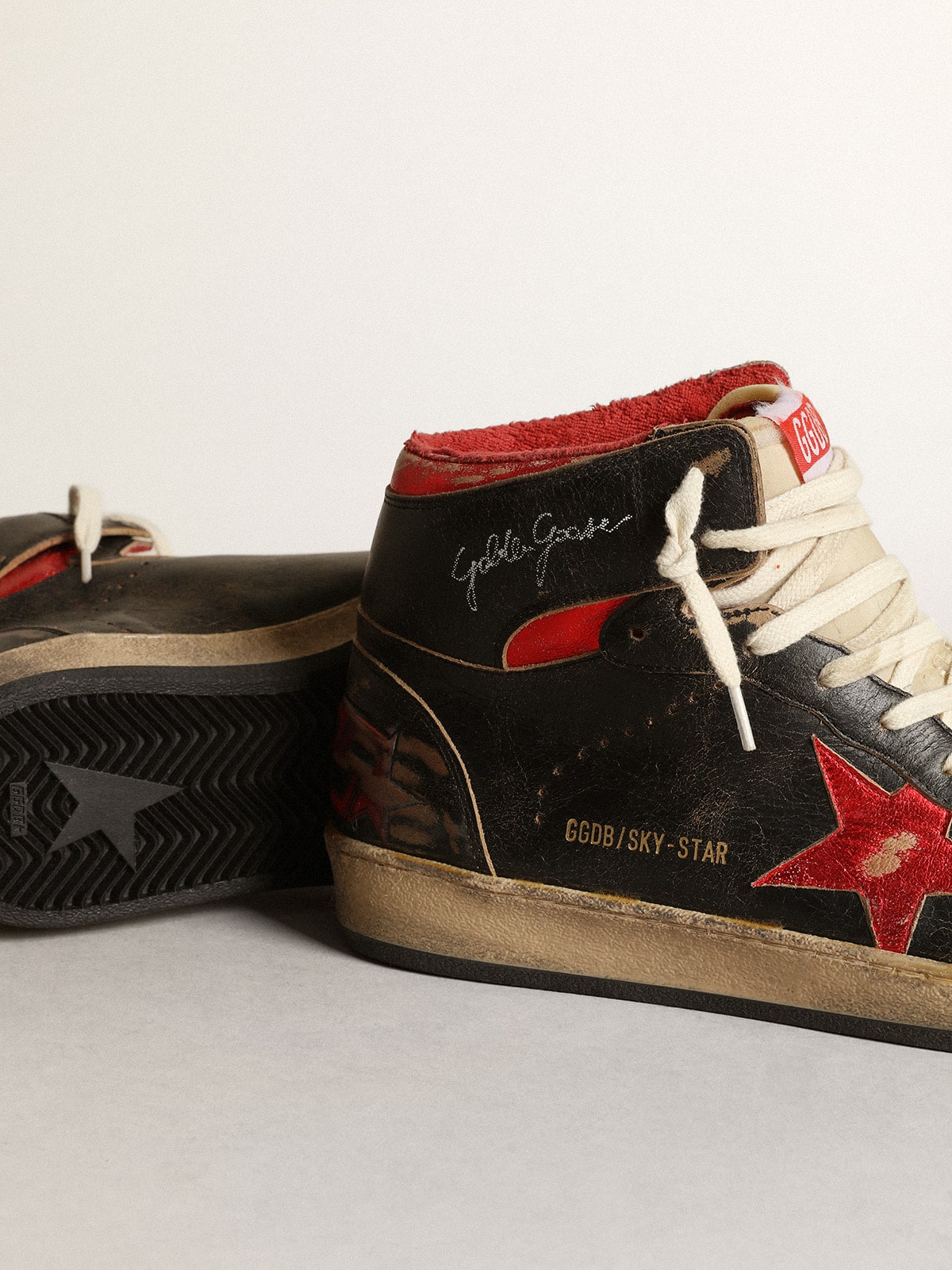Men's Sky-Star in glossy black leather with red star - Golden Goose Men