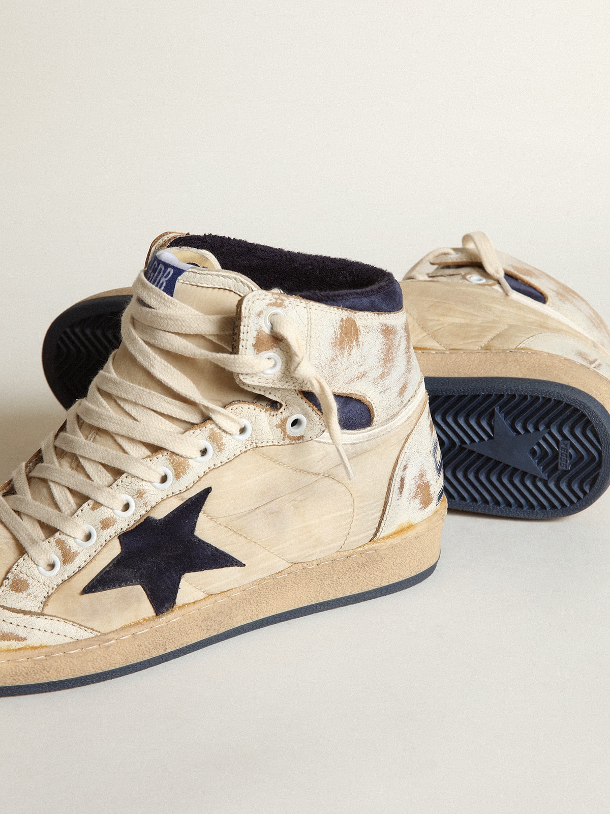 Men's Sky-Star in cream-colored nylon and leather with blue suede star - Golden Goose Men