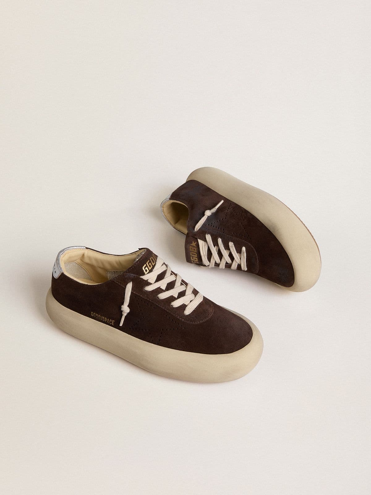 Men's Space-Star in dark brown suede with metallic silver heel tab - Golden Goose Men
