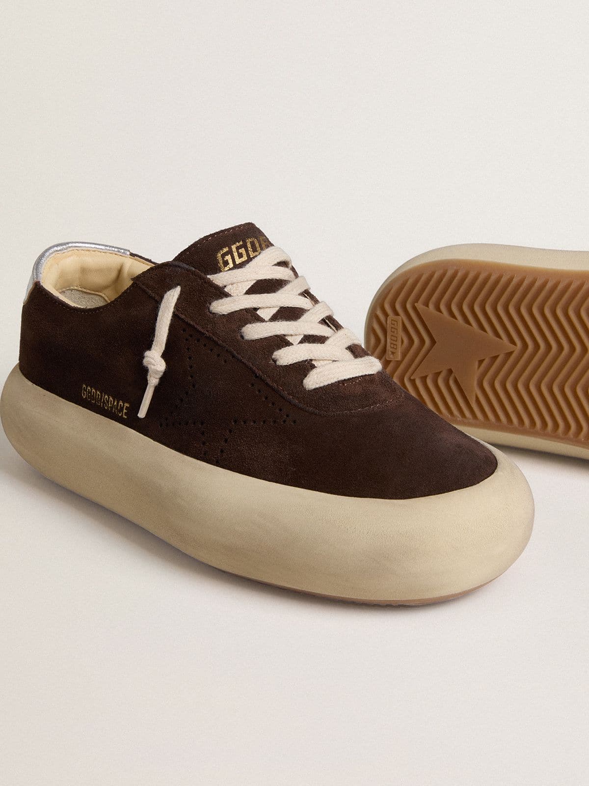 Men's Space-Star in dark brown suede with metallic silver heel tab - Golden Goose Men