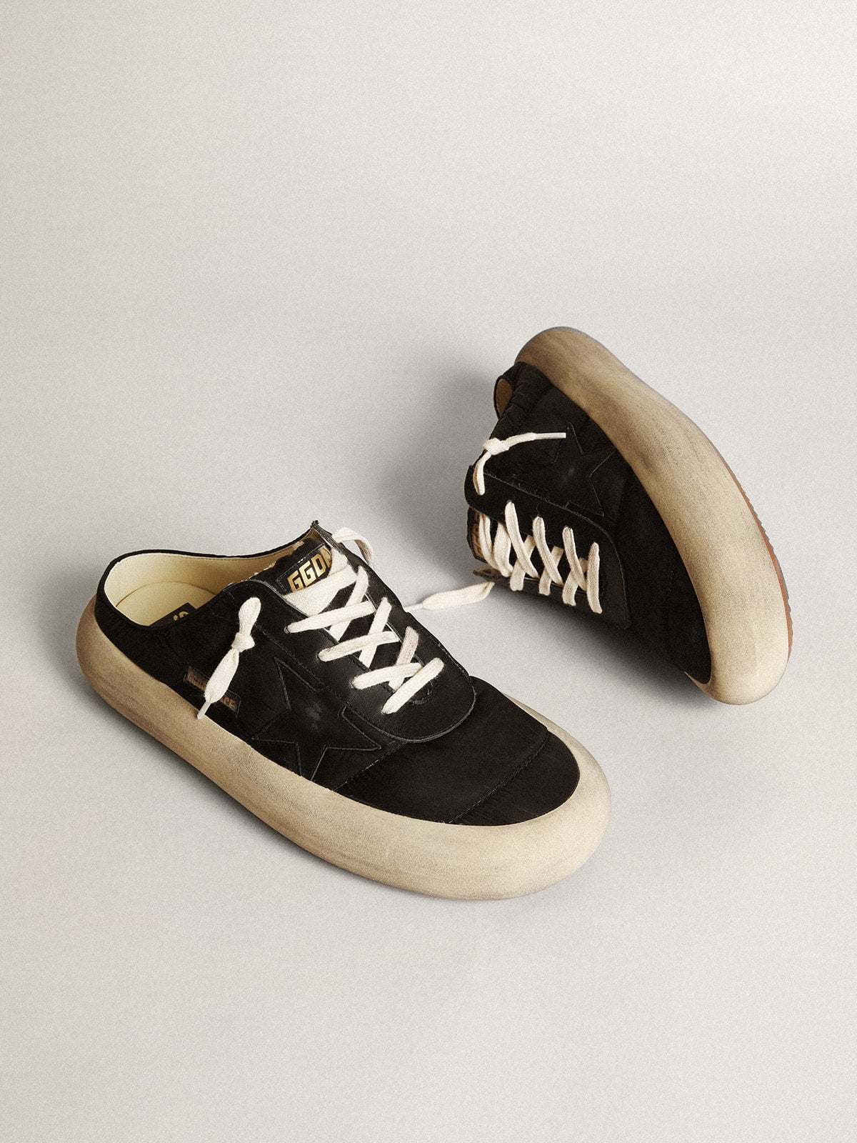Men's Space-Star Sabots in black nylon with black leather star - Golden Goose Men