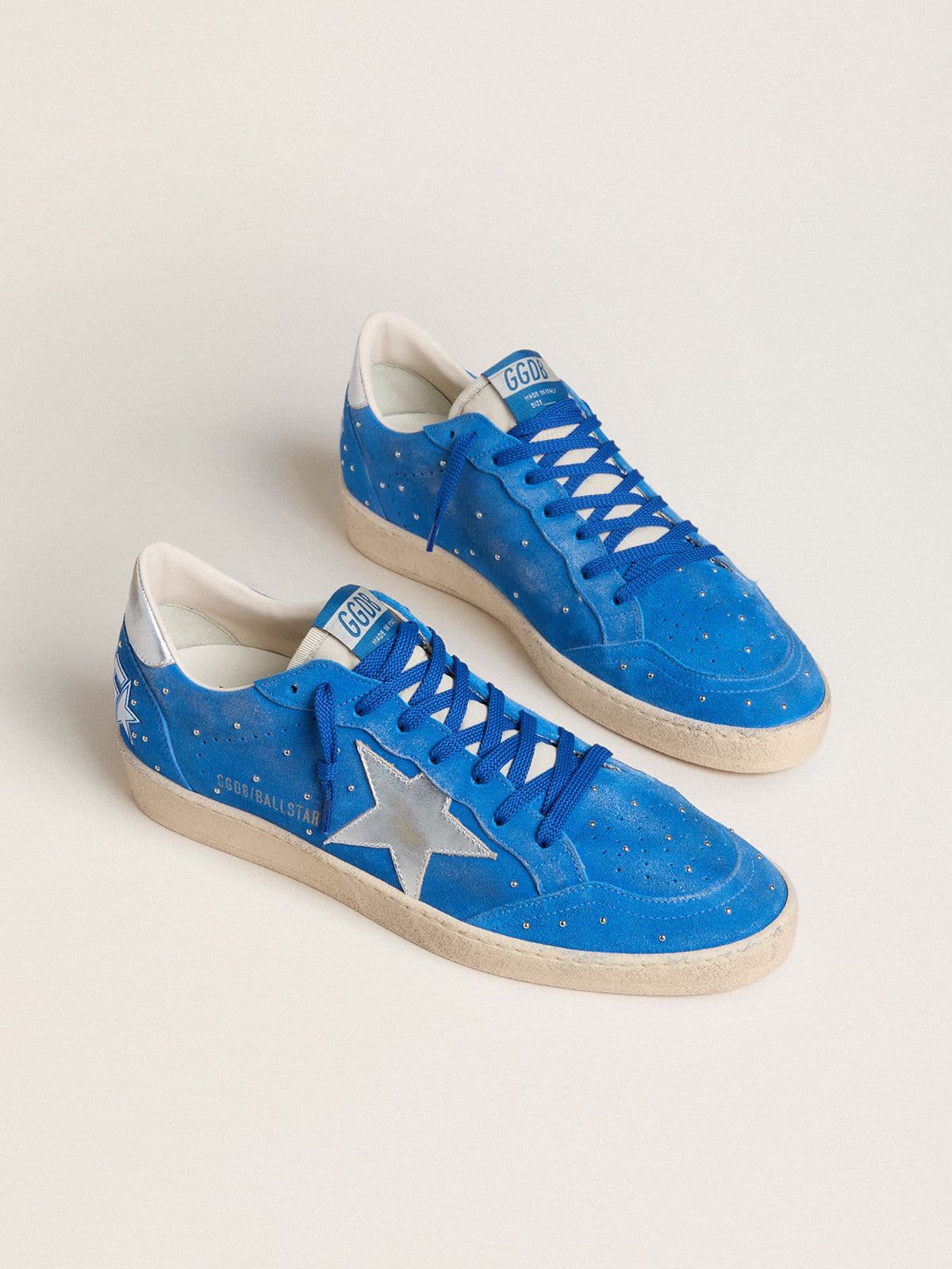 Men's Ball Star in light blue suede with studs and silver metallic leather star - Golden Goose Men