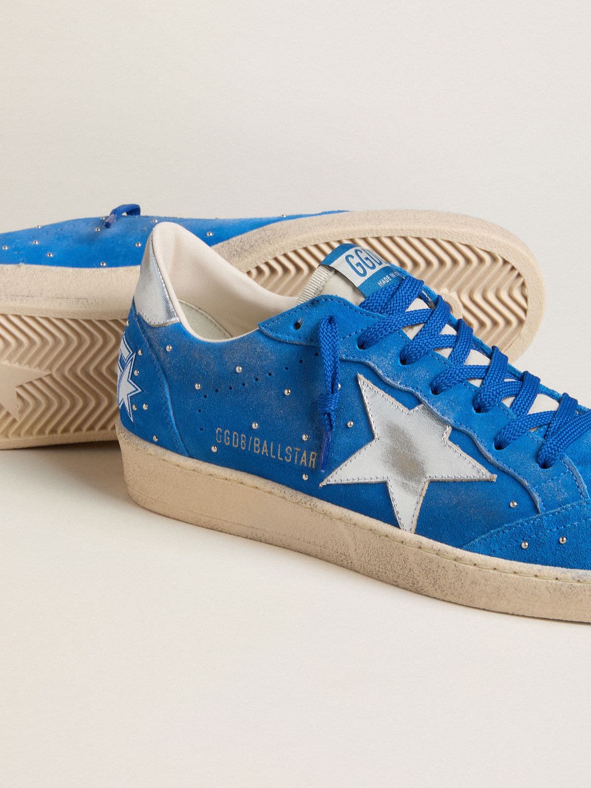 Men's Ball Star in light blue suede with studs and silver metallic leather star - Golden Goose Men