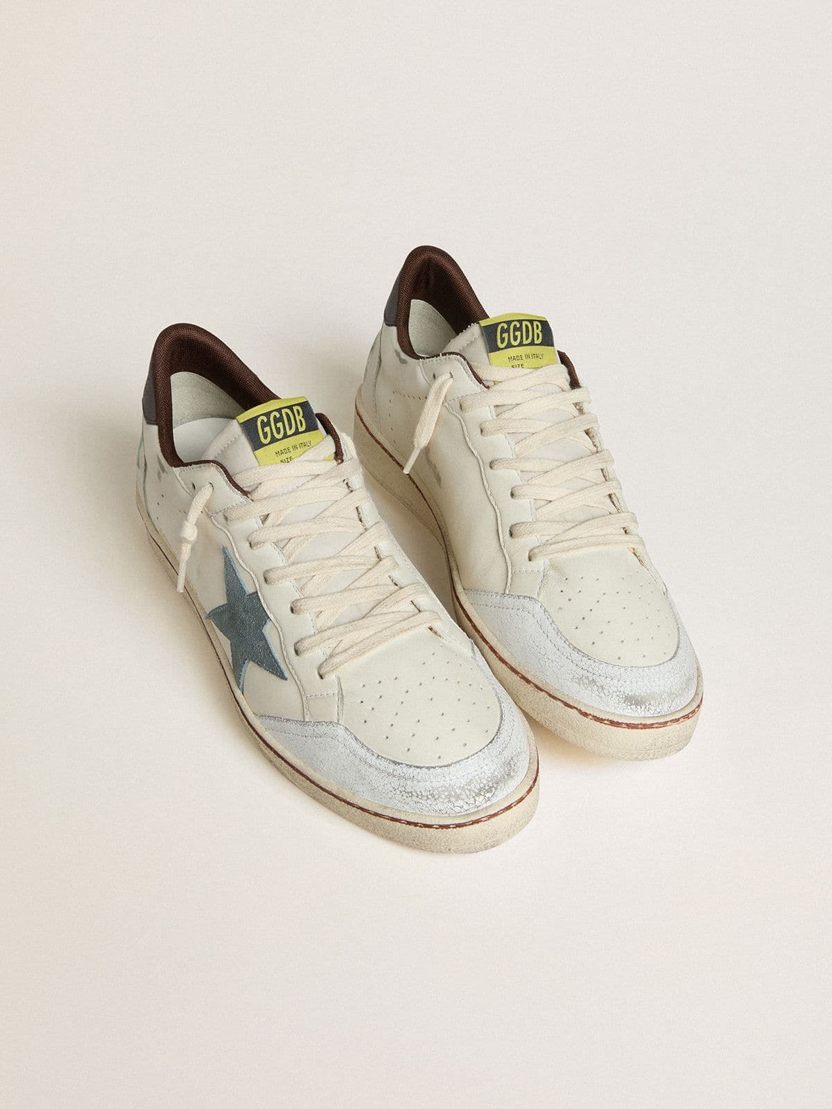 Men's Ball Star in white leather with light blue suede star and brown nubuck heel tab - Golden Goose Men