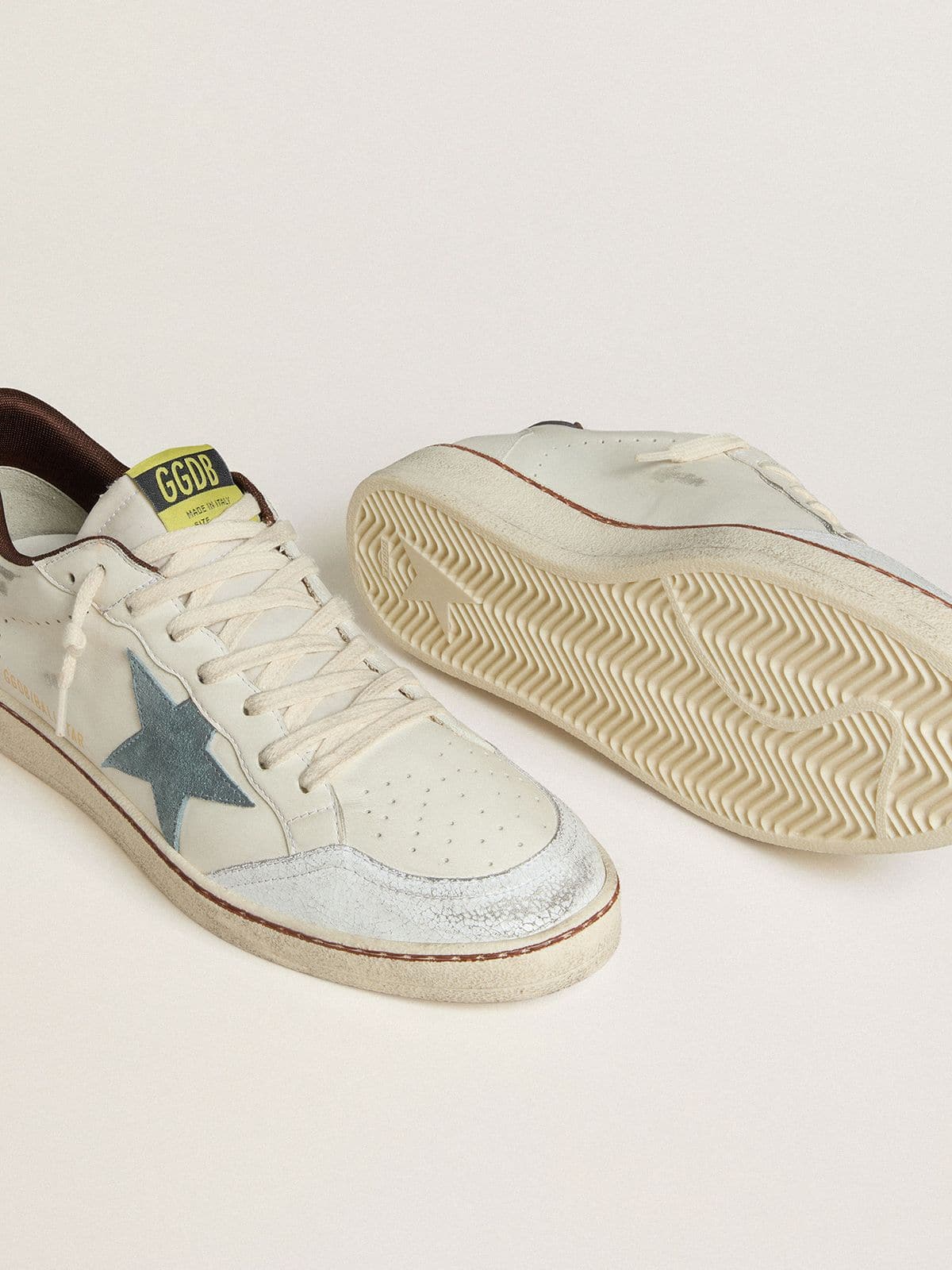 Men's Ball Star in white leather with light blue suede star and brown nubuck heel tab - Golden Goose Men