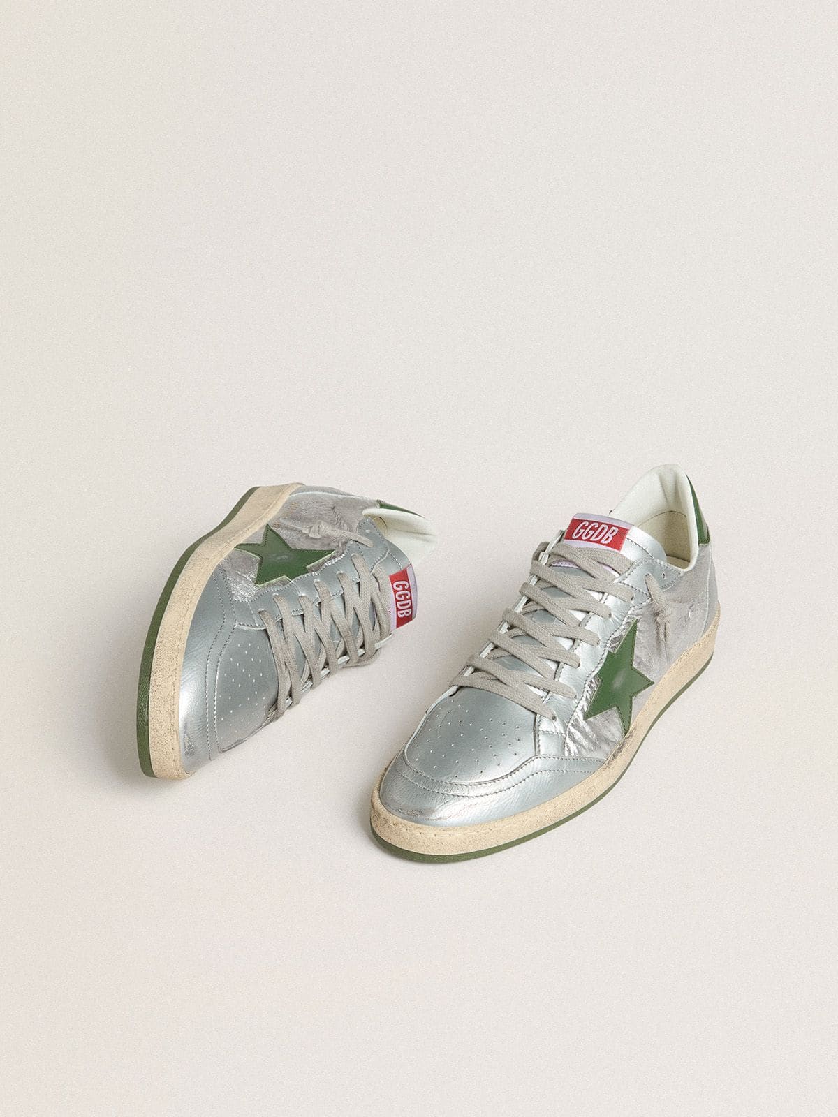 Men's Ball Star in silver nylon with green leather star and heel tab - Golden Goose Men