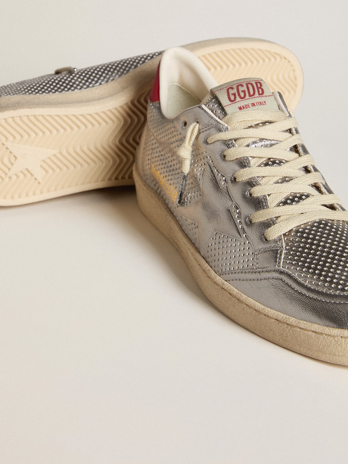 Bio-based Ball Star in metallic silver with silver star and red heel tab - Golden Goose Men