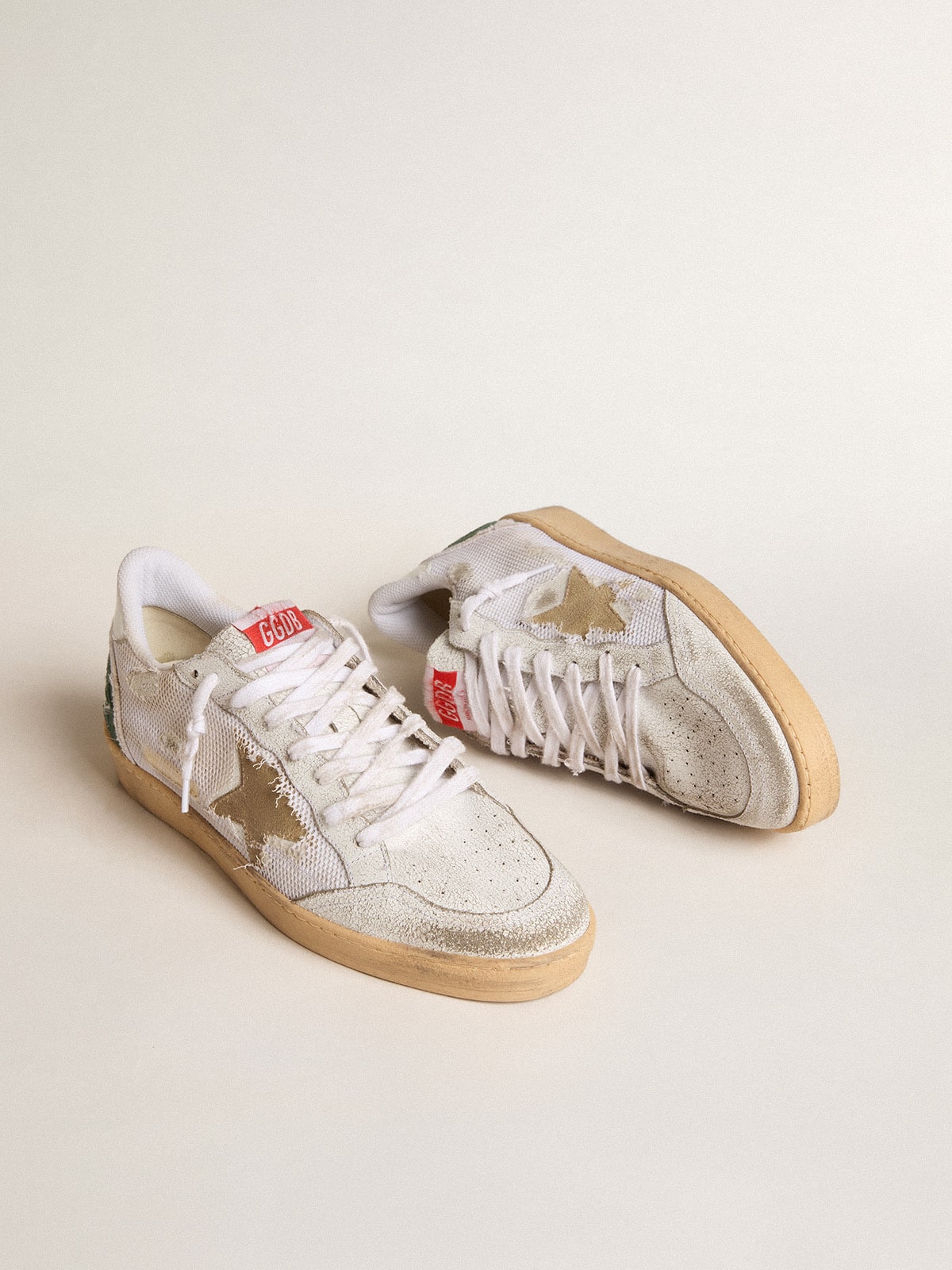 Ball Star LTD in white crackle leather and mesh with suede star - Golden Goose Men