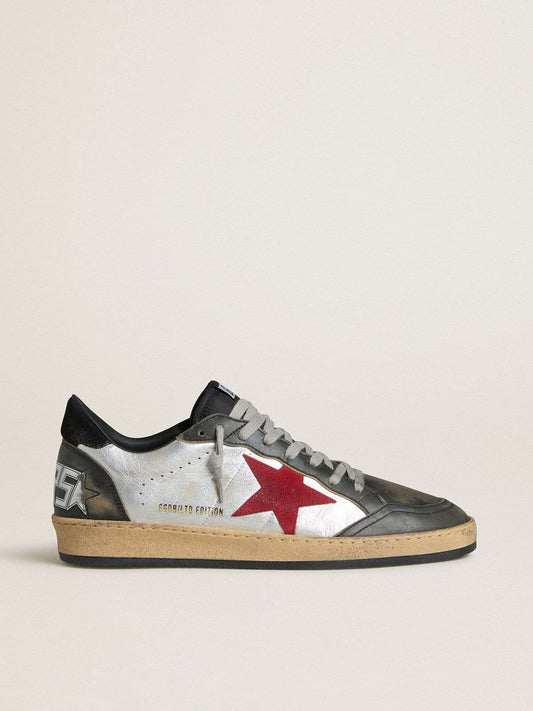 Men's Ball Star LTD in silver laminated leather with red suede star and black inserts - Golden Goose Men