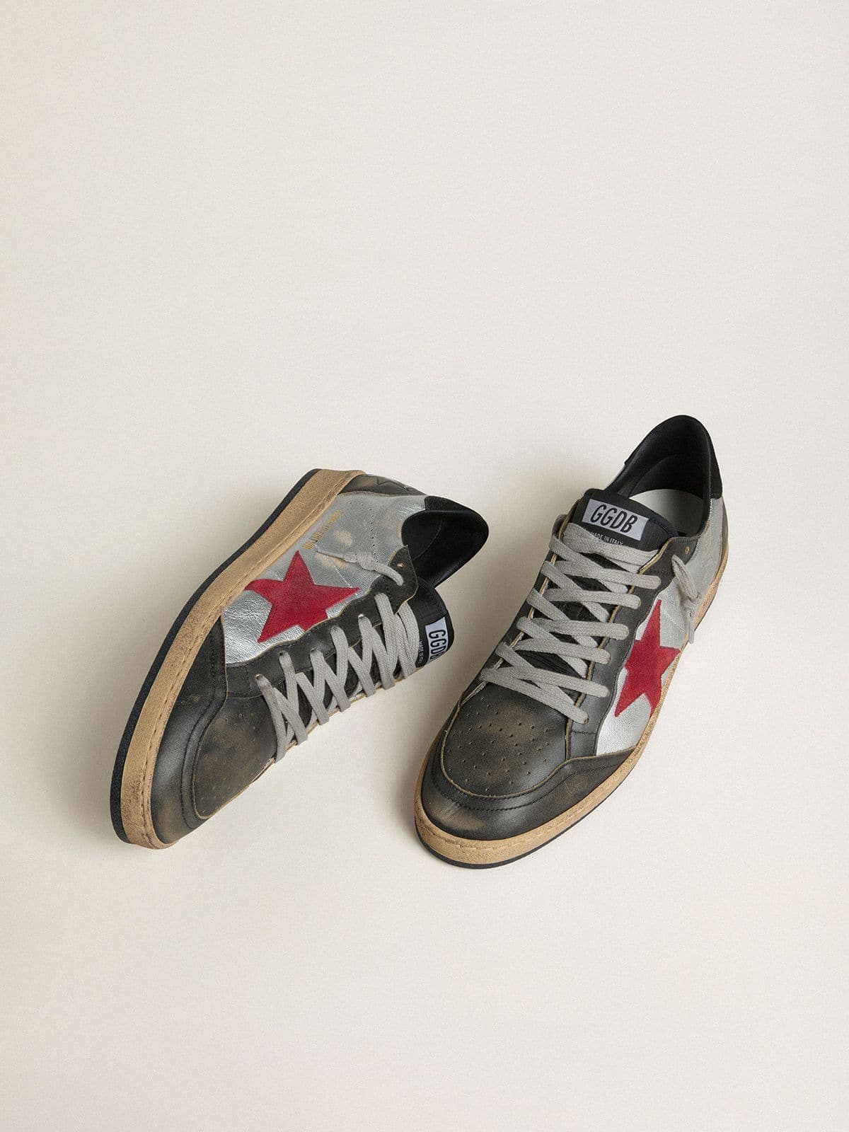 Men's Ball Star LTD in silver laminated leather with red suede star and black inserts - Golden Goose Men