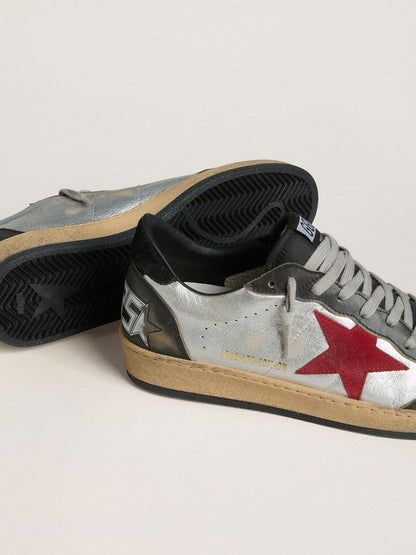 Men's Ball Star LTD in silver laminated leather with red suede star and black inserts - Golden Goose Men