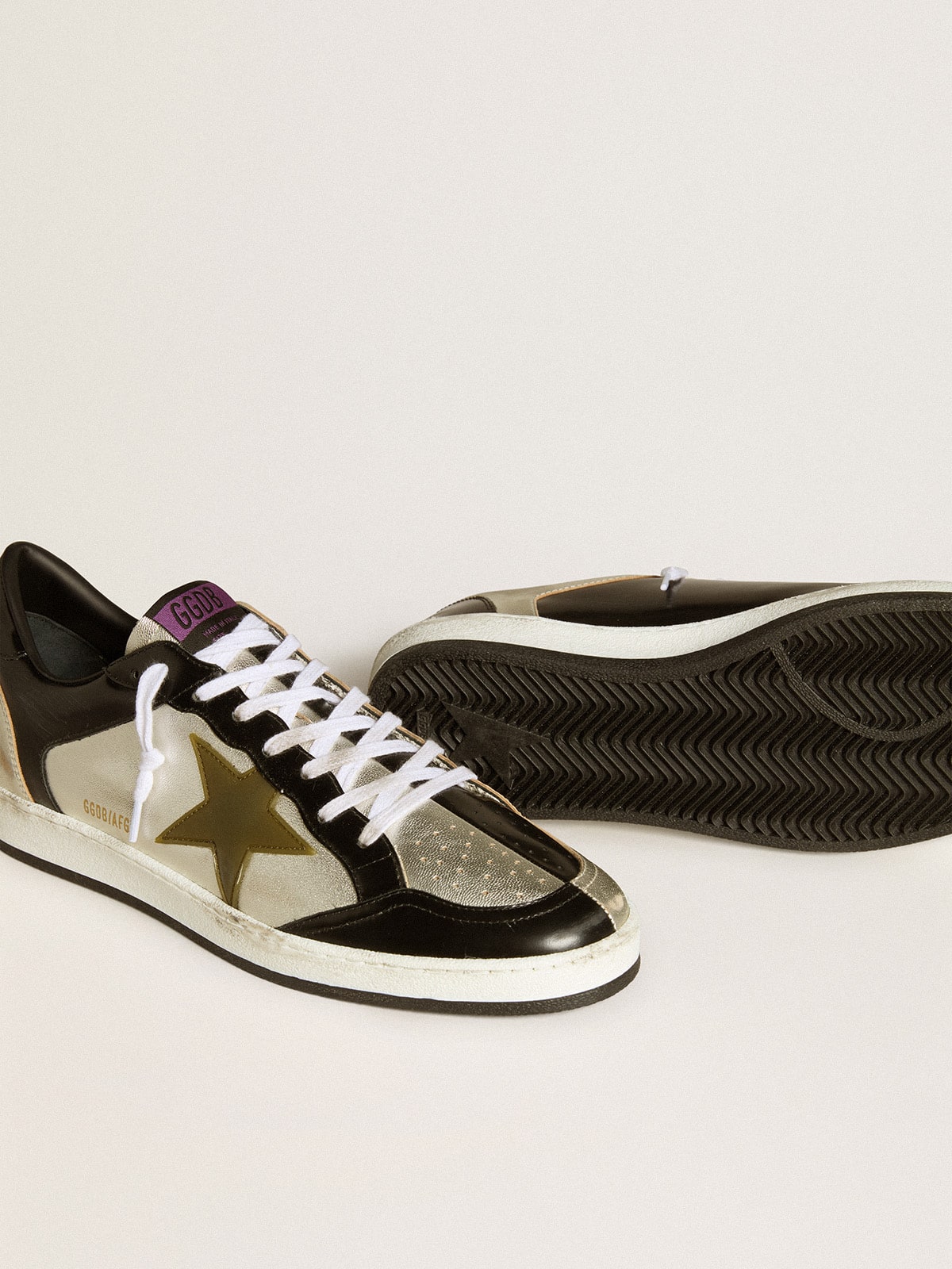 Men's Ball Star LAB in silver leather with brown leather star and black heel tab - Golden Goose Men