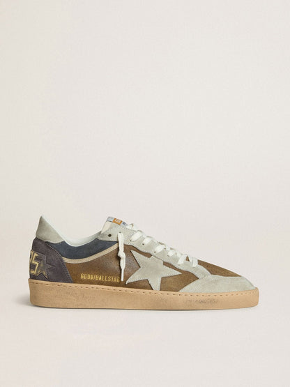 Men's Ball Star in military-green waxed suede with ice-gray suede star and heel tab - Golden Goose Men