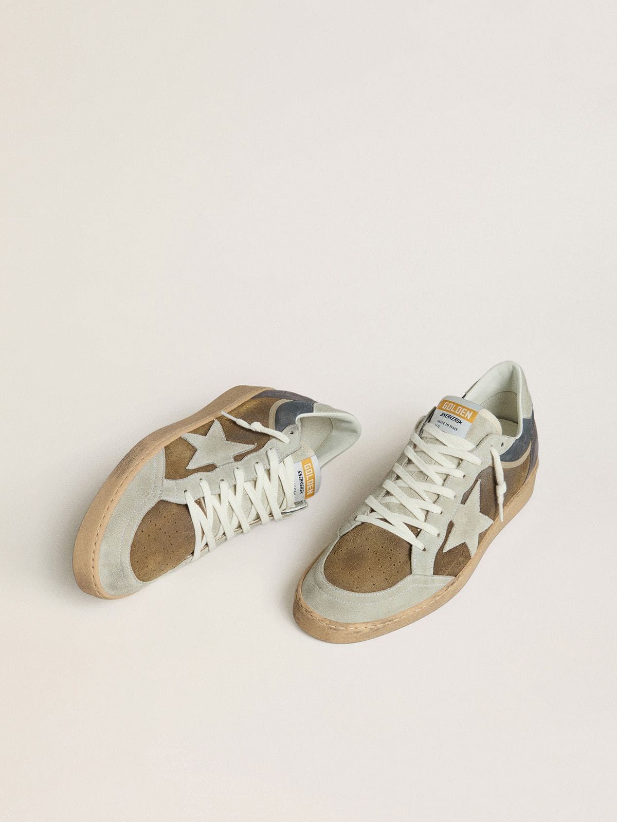 Men's Ball Star in military-green waxed suede with ice-gray suede star and heel tab - Golden Goose Men